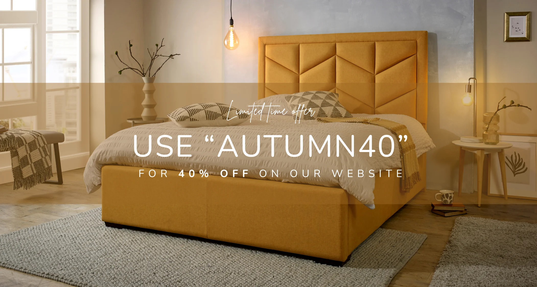 Add warmth and elegance to your bedroom with our stunning golden upholstered beds. Shop now and enjoy a 40% discount with code 'AUTUMN40' at AMA Upholster, for a limited time.