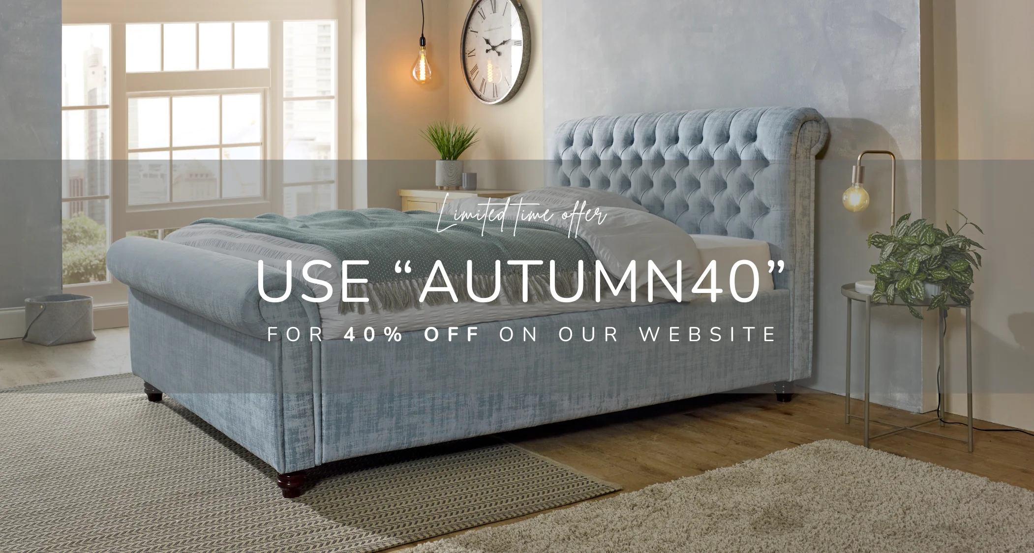 Luxurious Blue Upholstered Bed – 40% Autumn Discount